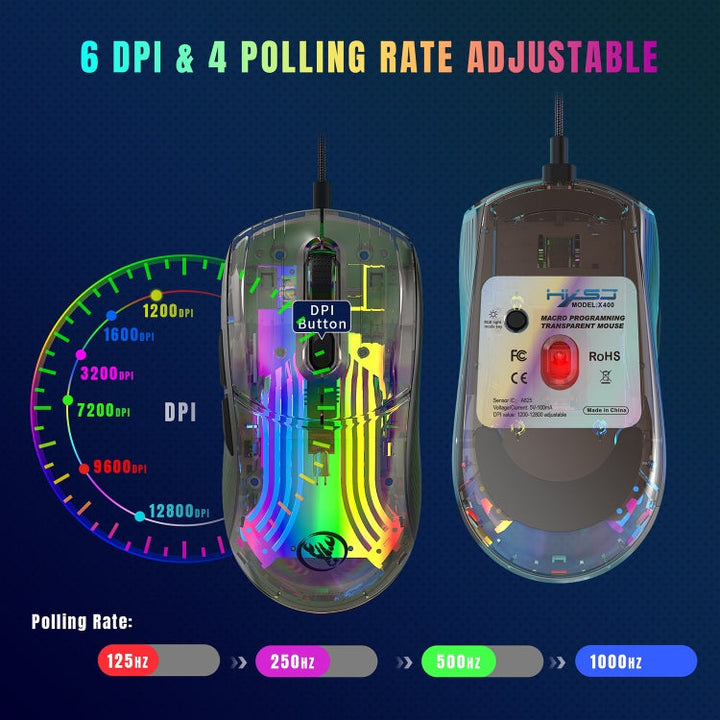 Lisslune | X400 7 Button Transparent RGB Wired Gaming Mouse (Black)