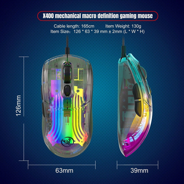 Lisslune | X400 7 Button Transparent RGB Wired Gaming Mouse (Black)
