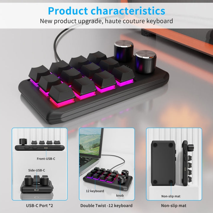 Lisslune | USB Wired 12KV2 MOLD Mini Mechanical 12 Keys 2 Button Customizable Programming Keyboard (Black)