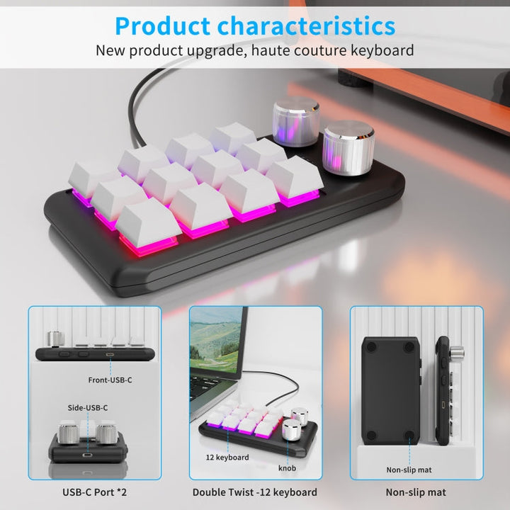 Lisslune | USB Wired 12KV2 MOLD Mini Mechanical 12 Keys 2 Knob Custom Programming Keyboard (White)