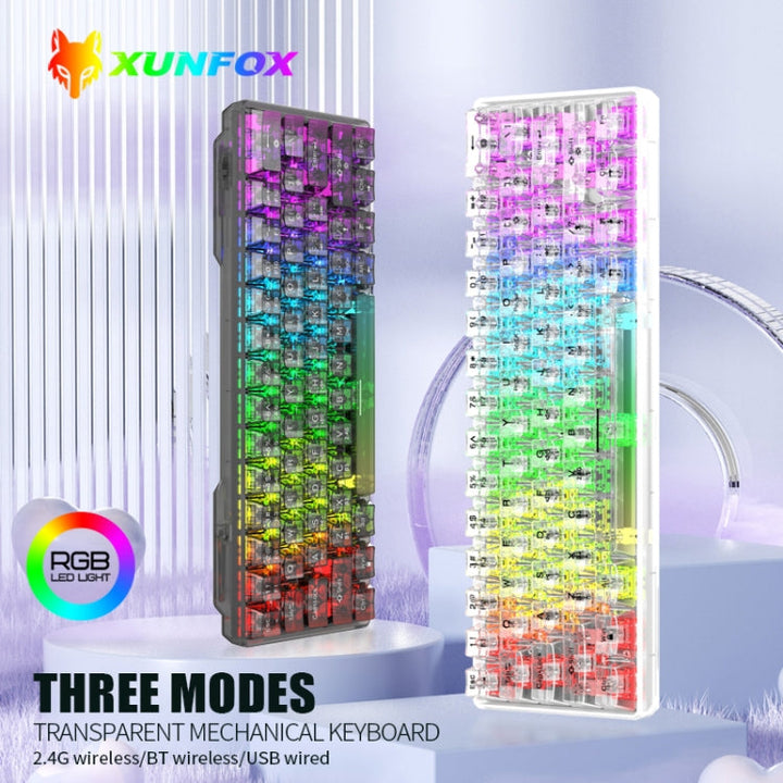Lisslune | XUNFOX K30 Pro 2.4G + BT + Wired Transparent 61-Key Mechanical White Switch Keyboard (White)