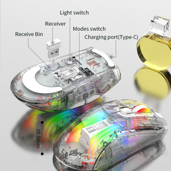 Lisslune | XUNFOX XYH20RGB 2.4G + BT + Wired Transparent 2400DPI RGB Light Gaming Mouse (Black)