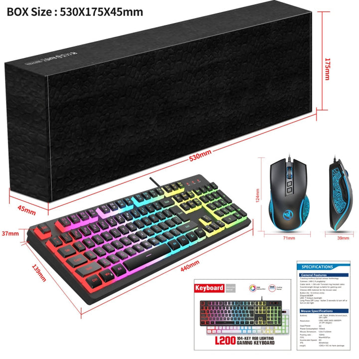 Lisslune | HXSJ L200+X100 Wired RGB Backlight Keyboard and Mouse Set 104 Pudding Keycaps + 3600DPI Mouse (Black)