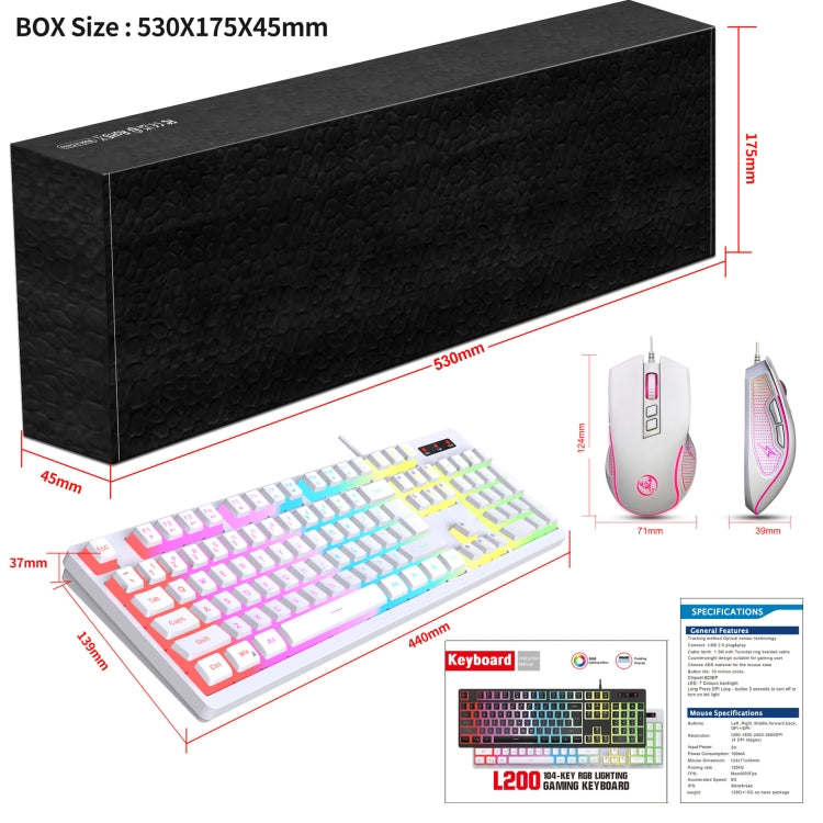 Lisslune | HXSJ L200+X100 Wired RGB Backlit Keyboard and Mouse Set 104 Pudding Keycaps + 3600DPI Mouse (White)