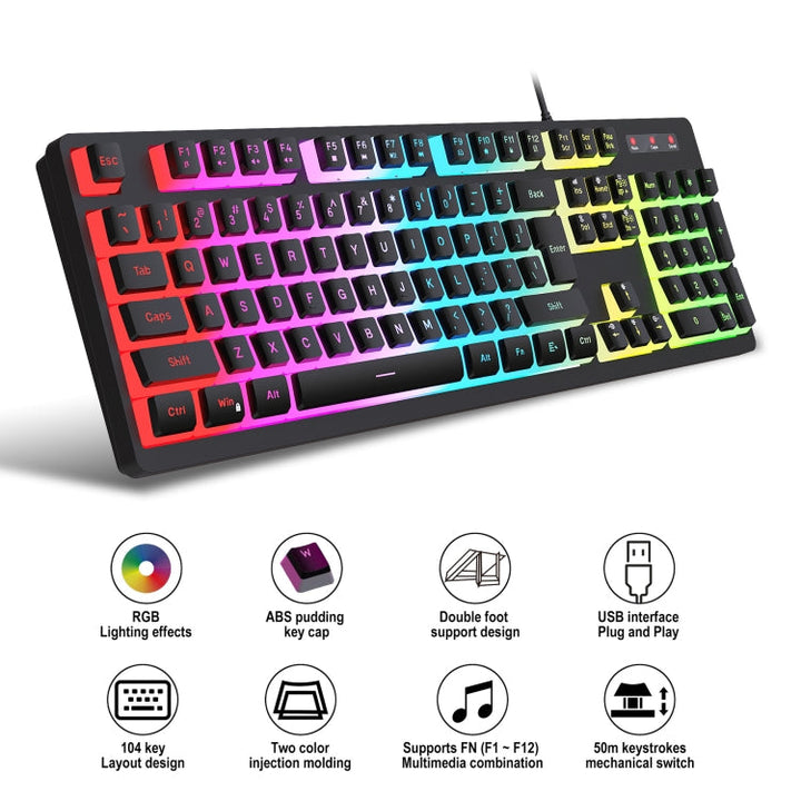 Lisslune | HXSJ L200 Wired RGB Backlit Keyboard 104 Pudding Keycaps (White)