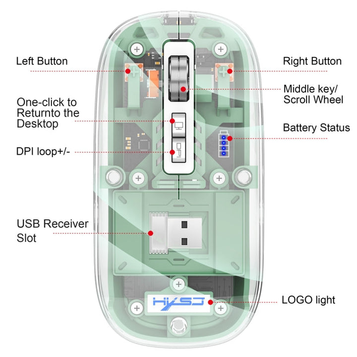 Lisslune | HXSJ T900 Transparent Magnet Three-Mode Wireless Gaming Mouse (White)