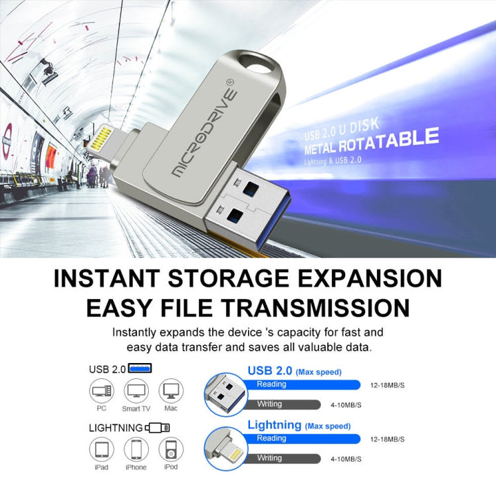 Lisslune | MicroDrive 2 In 1 8 Pin + USB 2.0 Portable Metal USB Flash Drive, Capacity: 32GB (Silver)