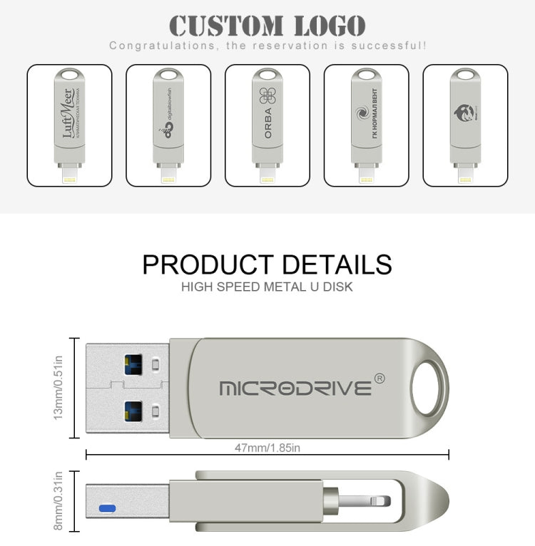 Lisslune | MicroDrive 2 In 1 8 Pin + USB 2.0 Portable Metal USB Flash Drive, Capacity:64GB(Silver)