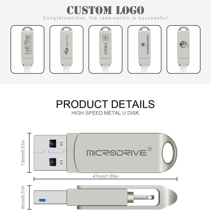 Lisslune | MicroDrive 2 In 1 8 Pin + USB 2.0 Portable Metal USB Flash Drive, Capacity:64GB(Silver)