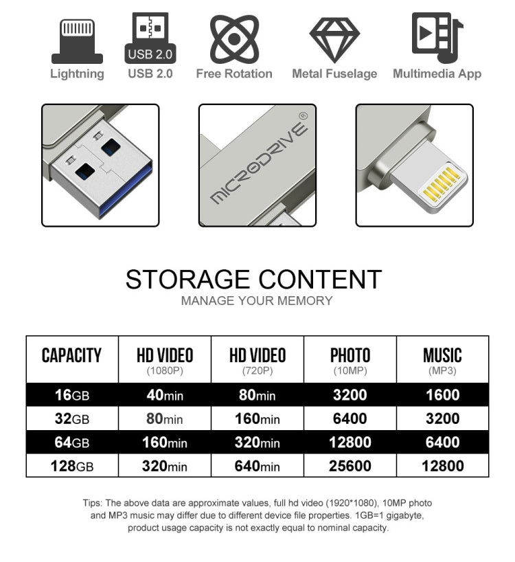Lisslune | MicroDrive 2 In 1 8 Pin + USB 2.0 Portable Metal USB Flash Drive, Capacity:64GB(Silver)