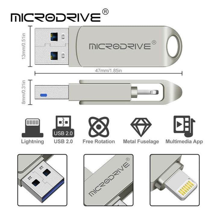 Lisslune | MicroDrive 2 In 1  8 Pin + USB 2.0 Portable Metal USB Flash Drive, Capacity:256GB(Silver)