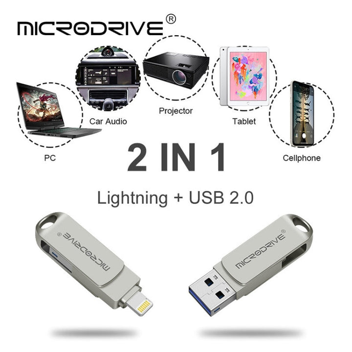 Lisslune | MicroDrive 2 In 1  8 Pin + USB 2.0 Portable Metal USB Flash Drive, Capacity:256GB(Silver)