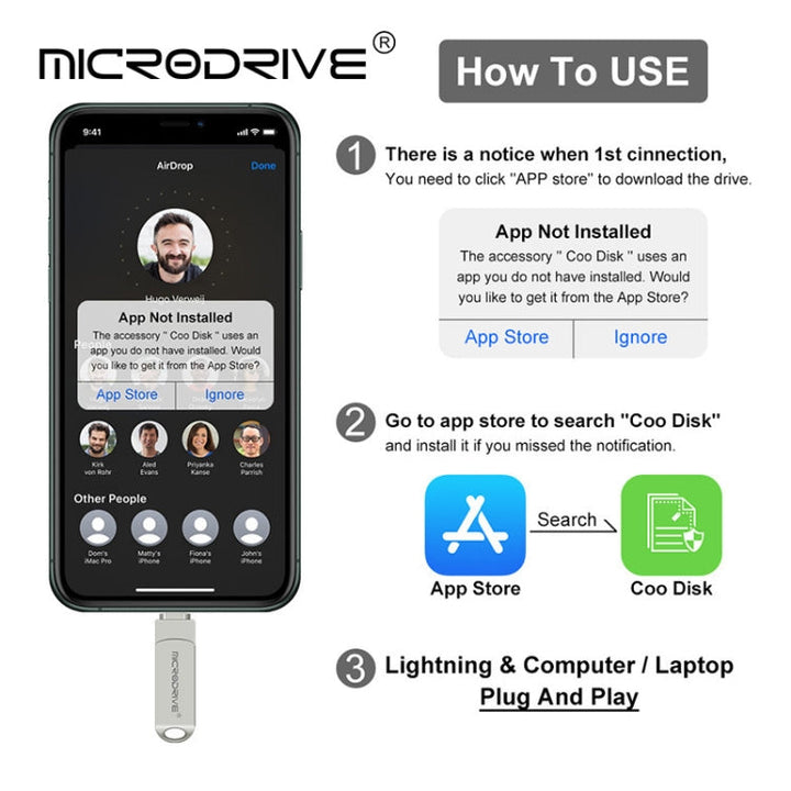 Lisslune | MicroDrive 2 In 1  8 Pin + USB 2.0 Portable Metal USB Flash Drive, Capacity:256GB(Silver)