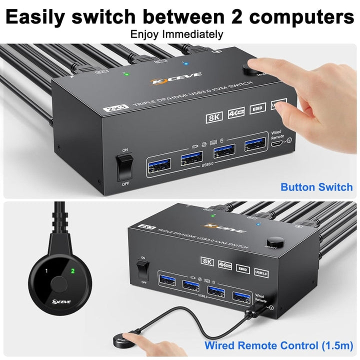 Lisslune | KC-KVM203DH 8K 30Hz USB3.0 DP+DP+HDMI Triple Monitors KVM Switch, US Plug