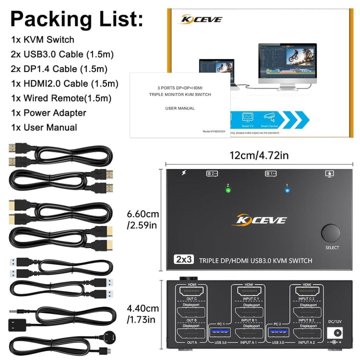 Lisslune | KC-KVM203DH 8K 30Hz USB3.0 DP+DP+HDMI Triple Monitors KVM Switch, UK Plug