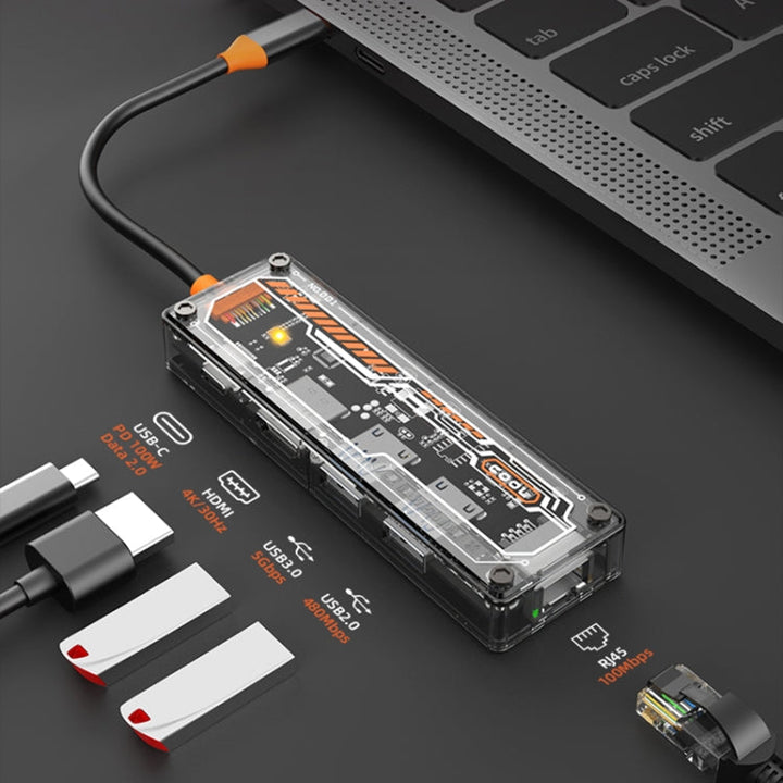 Lisslune | SW5R 5 in 1 Type-C to PD + USB3.0 + USB2.0 + HDMI + RJ45 HUB Docking Station (Gray)