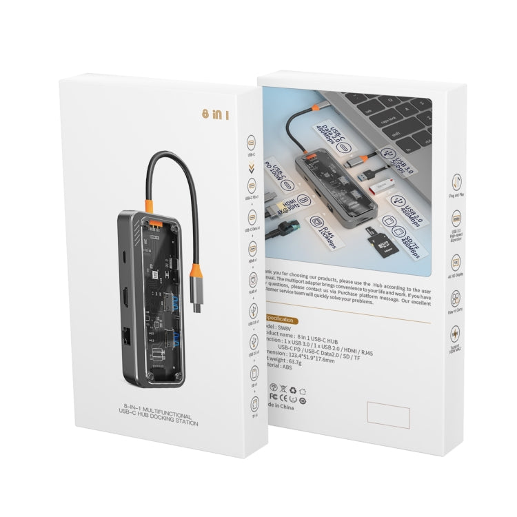 Lisslune | SW8V 8 in 1 Type-C to USB + HDMI + RJ45 + SD/TF HUB Docking Station (Gray)