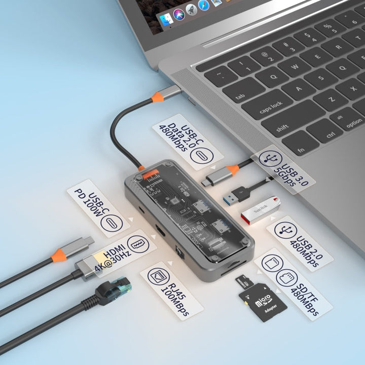 Lisslune | SW8V 8 in 1 Type-C to USB + HDMI + RJ45 + SD/TF HUB Docking Station (Gray)