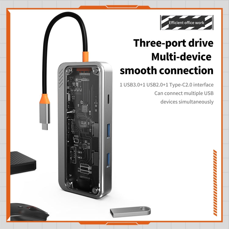 Lisslune | SW8V 8 in 1 Type-C to USB + HDMI + RJ45 + SD/TF HUB Docking Station (Gray)