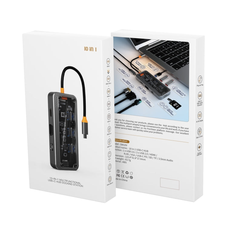 Lisslune | SW10V 10 in 1 Type-C to USB + HDMI + VGA + RJ45 + SD/TF + Audio 3.5 HUB Docking Station (Gray)