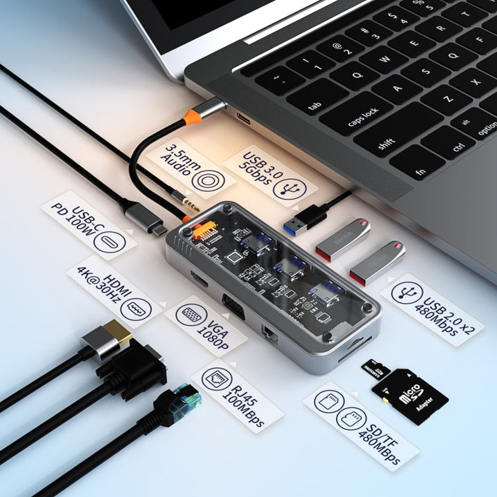 Lisslune | SW10V 10 in 1 Type-C to USB + HDMI + VGA + RJ45 + SD/TF + Audio 3.5 HUB Docking Station (Gray)