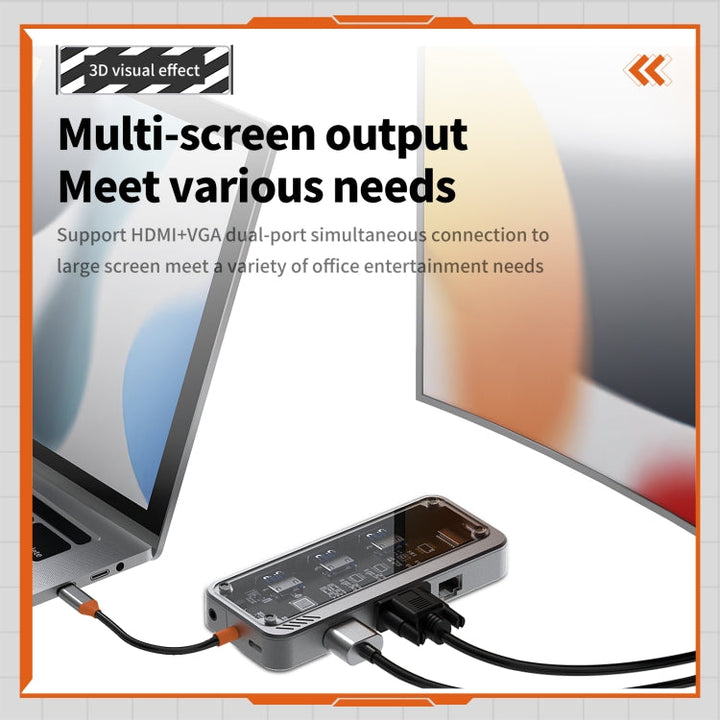 Lisslune | SW10V 10 in 1 Type-C to USB + HDMI + VGA + RJ45 + SD/TF + Audio 3.5 HUB Docking Station (Gray)