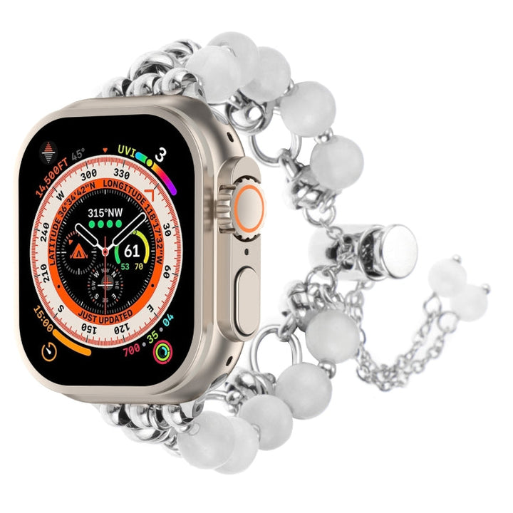 Lisslune | For Apple Watch Ultra 49mm Pearl Chain Metal Band Watch Strap (White Silver)