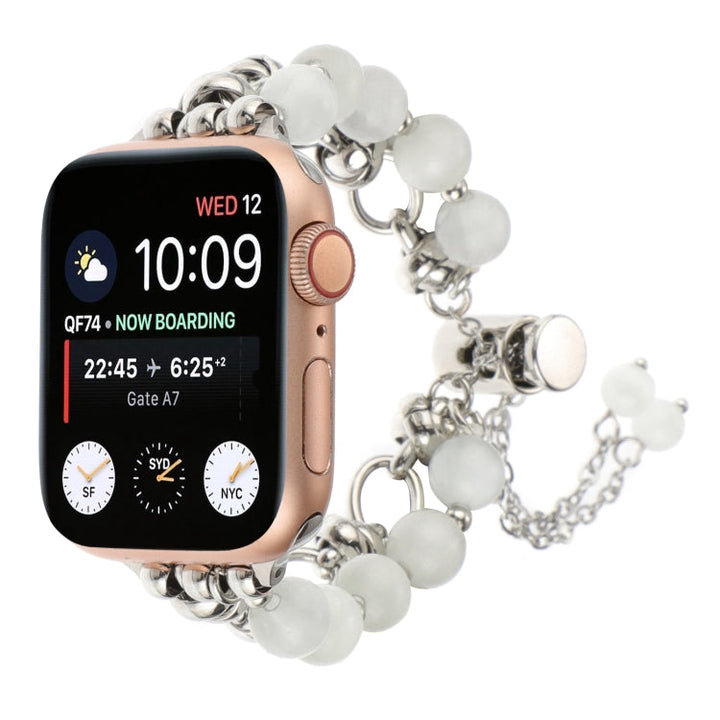 Lisslune | For Apple Watch Series 3 38mm Pearl Chain Metal Bracelet Watch Band (White Silver)