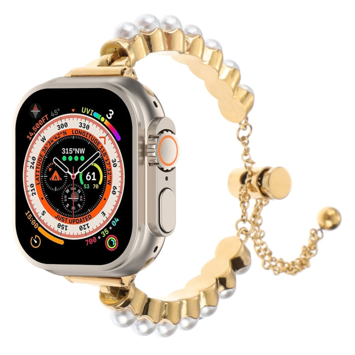 Lisslune | For Apple Watch Ultra 49mm Beaded Bracelet Metal Watch Band (Gold)
