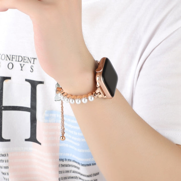 Lisslune | For Apple Watch Ultra 49mm Pearl Bracelet Metal Watch Band (Rose Gold)
