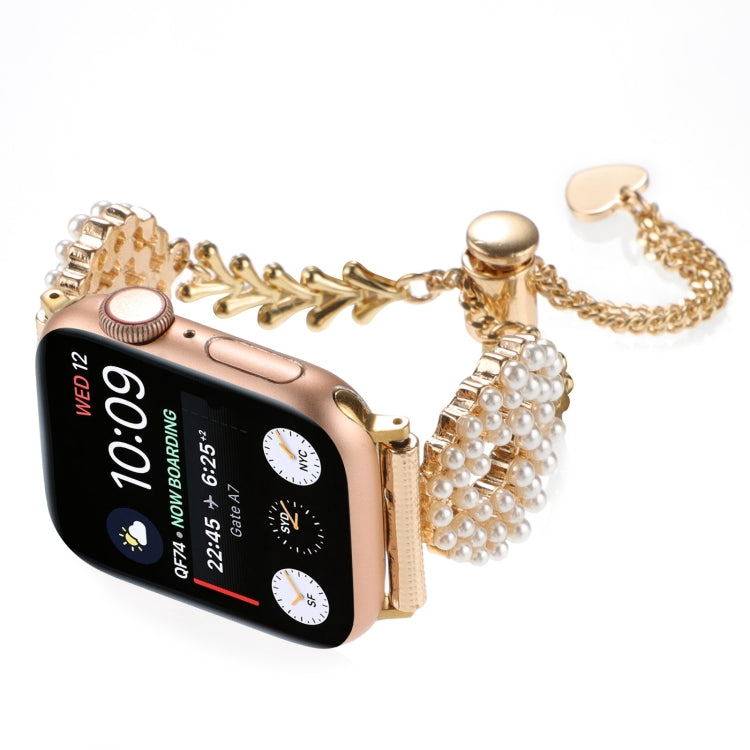Lisslune | For Apple Watch Series 9 41mm Pearl Round Zinc Alloy Chain Metal Watch Band (Gold)