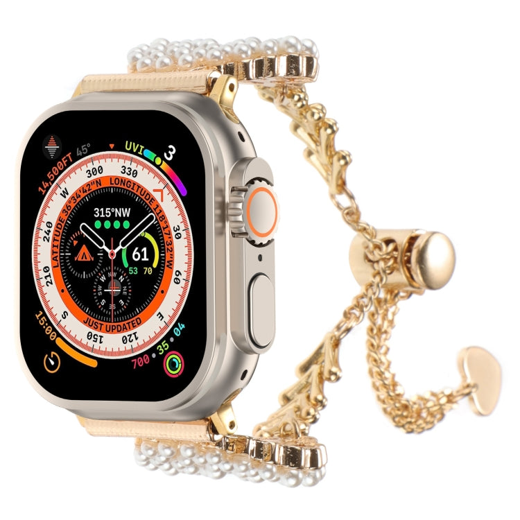 Lisslune | For Apple Watch Ultra 49mm Pearl Round Zinc Alloy Chain Metal Bracelet (Gold)