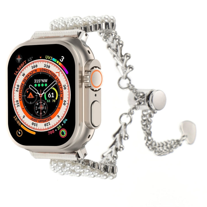 Lisslune | For Apple Watch Ultra 49mm Pearl Round Zinc Alloy Chain Metal Watch Band (Silver)