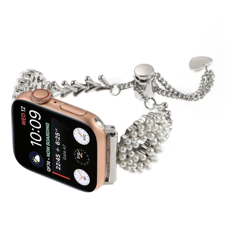 Lisslune | For Apple Watch Ultra 49mm Pearl Round Zinc Alloy Chain Metal Watch Band (Silver)