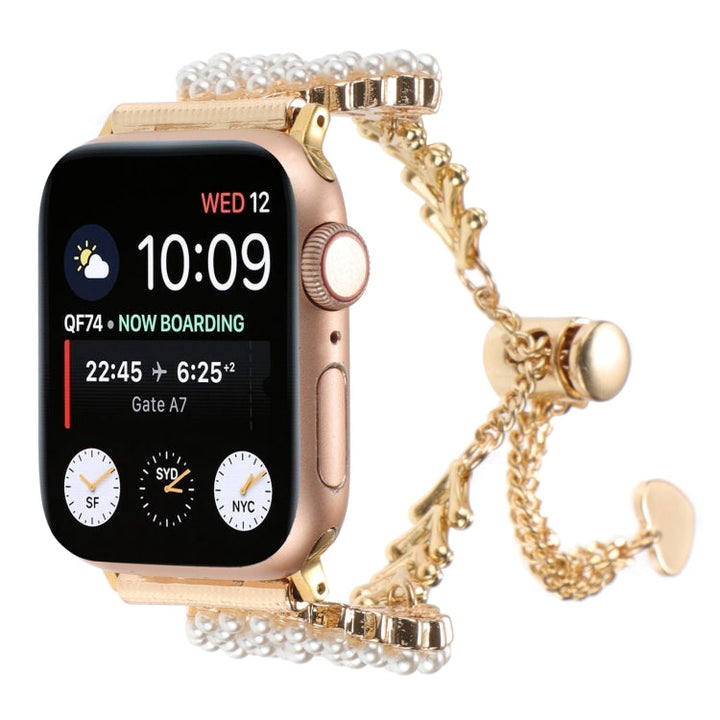 Lisslune | For Apple Watch SE 2022 44mm Pearl Round Zinc Alloy Chain Metal Bracelet (Gold)