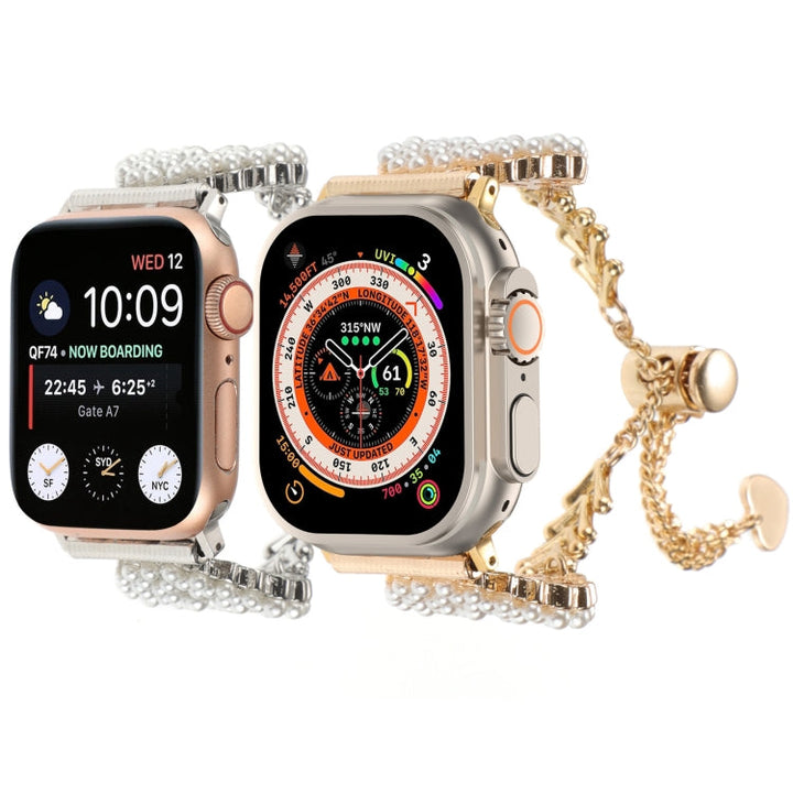 Lisslune | For Apple Watch Ultra 49mm Pearl Round Zinc Alloy Chain Metal Watch Band (Silver)