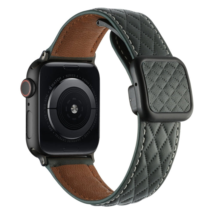Lisslune | For Apple Watch SE 2023 44mm Rhombus Pattern Magnetic Square Buckle Leather Band (Dark Green)