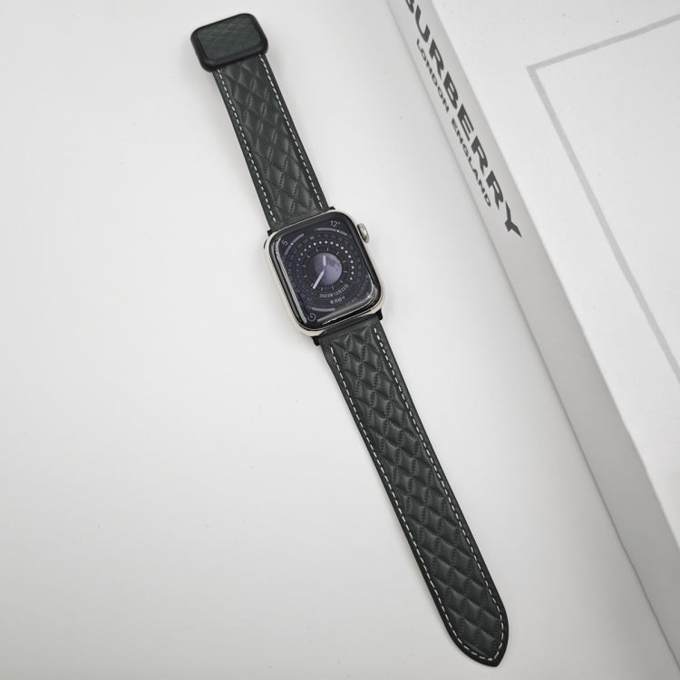Lisslune | For Apple Watch Series 9 45mm Diamond Pattern Magnetic Square Buckle Leather Band (Dark Green)