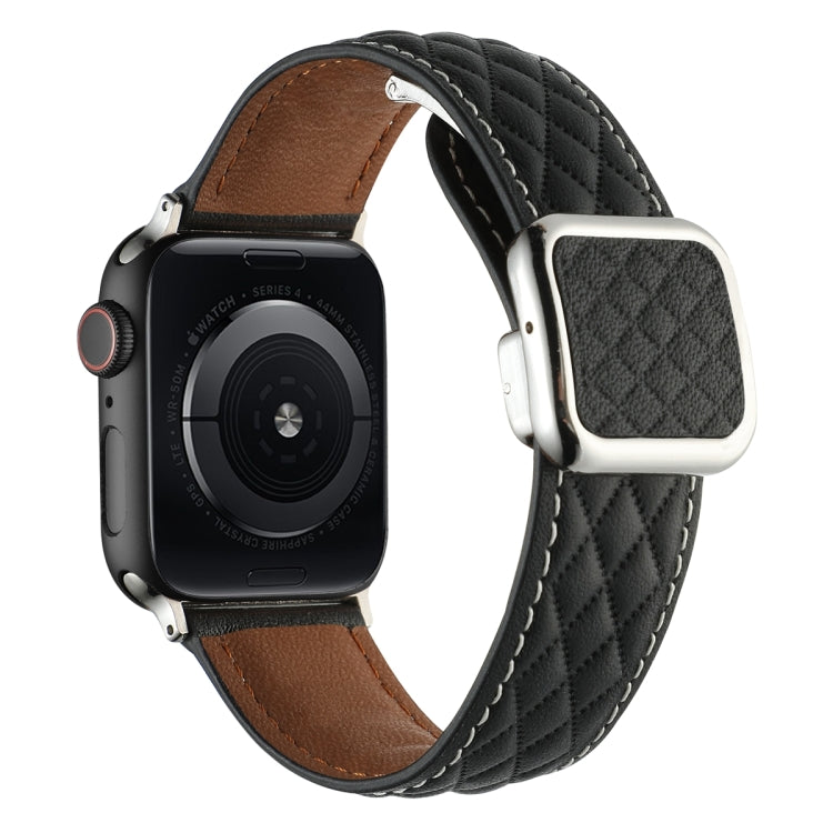 Lisslune | For Apple Watch Ultra 49mm Rhombus Pattern Magnetic Square Buckle Leather Strap (Black)