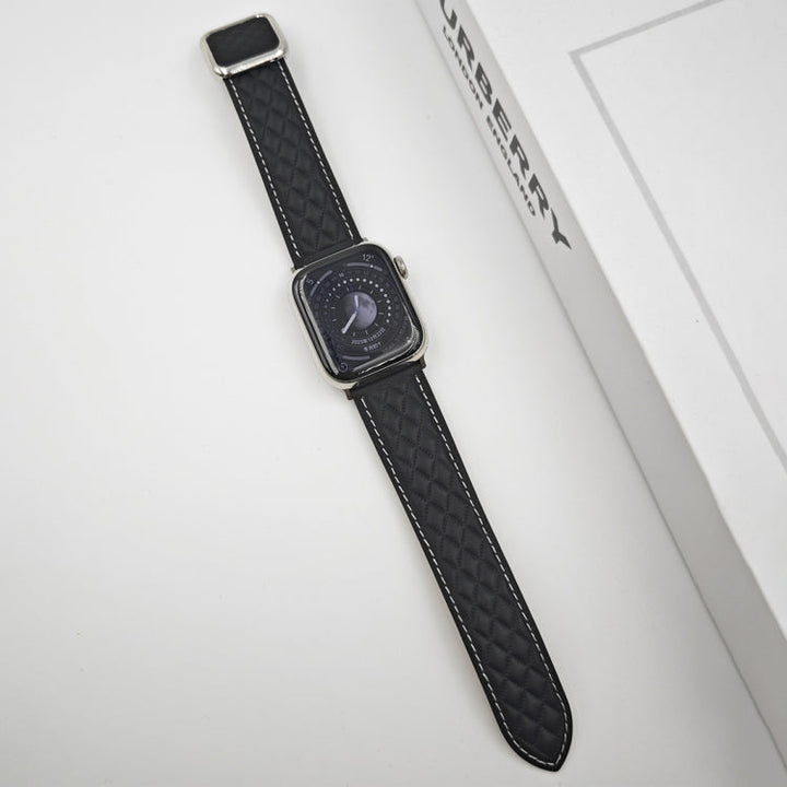 Lisslune | For Apple Watch Ultra 49mm Rhombus Pattern Magnetic Square Buckle Leather Strap (Black)