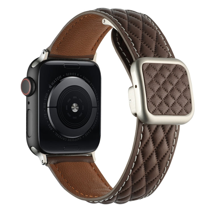 Lisslune | For Apple Watch Ultra 49mm Diamond Pattern Magnetic Square Buckle Leather Watch Band (Dark Brown)