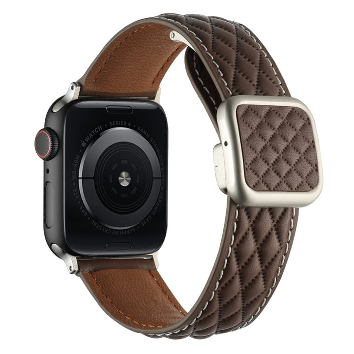 Lisslune | For Apple Watch Ultra 49mm Diamond Pattern Magnetic Square Buckle Leather Watch Band (Dark Brown)