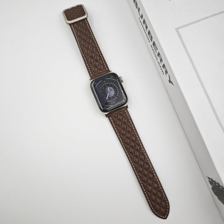 Lisslune | For Apple Watch Ultra 49mm Diamond Pattern Magnetic Square Buckle Leather Watch Band (Dark Brown)