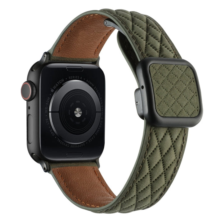 Lisslune | For Apple Watch Ultra 49mm Rhombus Pattern Magnetic Square Buckle Leather Watch Band (Army Green)