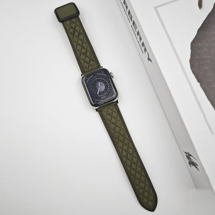 Lisslune | For Apple Watch Ultra 49mm Rhombus Pattern Magnetic Square Buckle Leather Watch Band (Army Green)