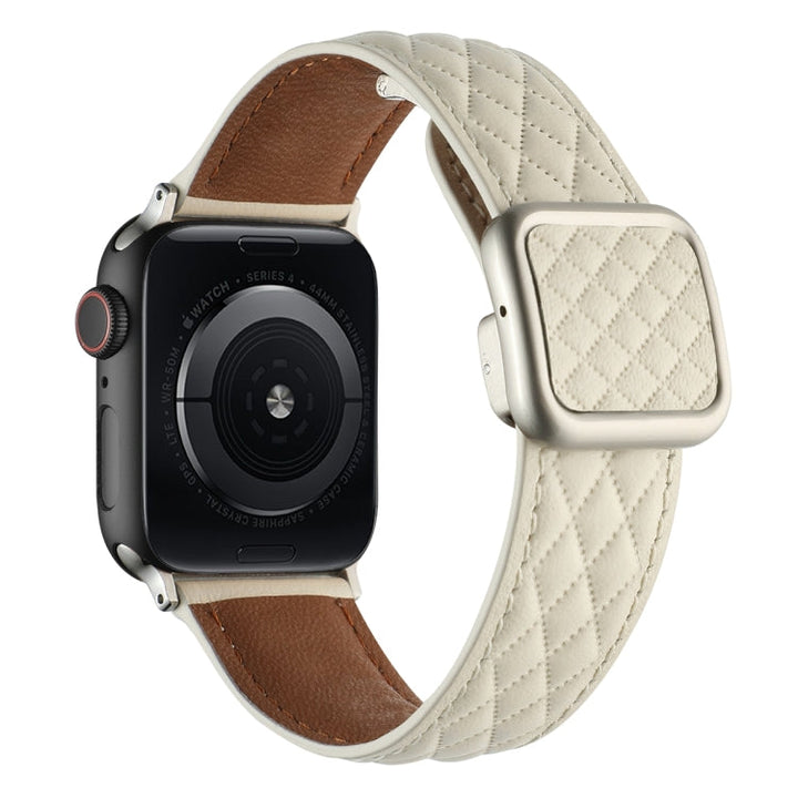 Lisslune | For Apple Watch Ultra 49mm Rhombus Pattern Magnetic Square Buckle Leather Watch Band (Creamy White)