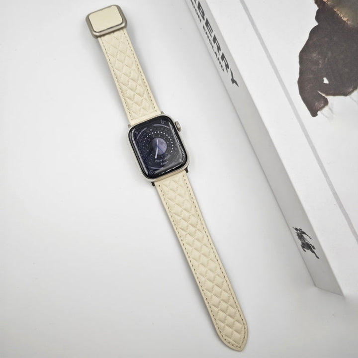 Lisslune | For Apple Watch Ultra 49mm Rhombus Pattern Magnetic Square Buckle Leather Watch Band (Creamy White)