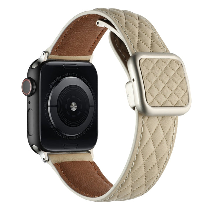 Lisslune | For Apple Watch Ultra 49mm Diamond Pattern Magnetic Square Buckle Leather Band (Starlight Color)