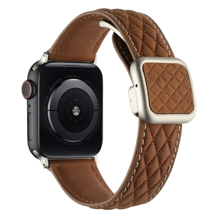 Lisslune | For Apple Watch Ultra 49mm Diamond Pattern Magnetic Square Buckle Leather Watch Band (Dark Brown)