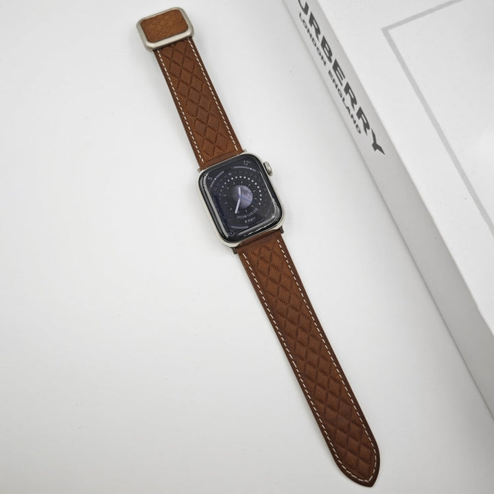 Lisslune | For Apple Watch Ultra 49mm Diamond Pattern Magnetic Square Buckle Leather Watch Band (Dark Brown)